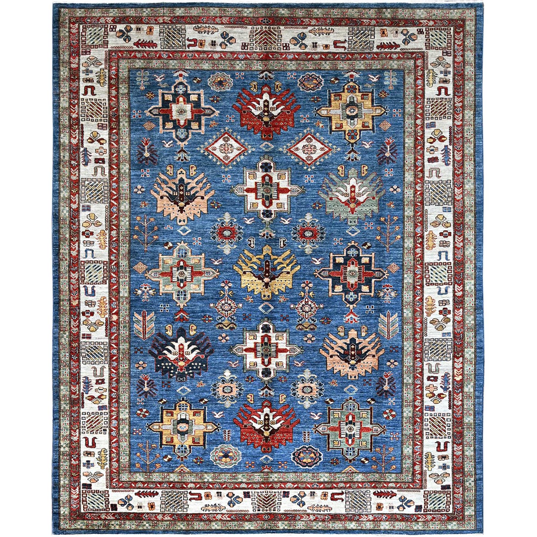 Cerulean Blue, Densely Woven Extra Soft Wool, Hand Knotted Afghan Super Kazak with Geometric Medallions, Natural Dyes, Oriental Rug